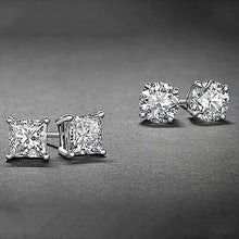 Load image into Gallery viewer, 2-Pairs: White Gold High Polish Finish Stud Earrings Cubic Zirconia Round and Princess Cut