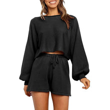 将图片加载到图库查看器,2-Piece: Knit Outfits Puff Sleeve Crop Top Shorts Set Sweater Sweatsuit