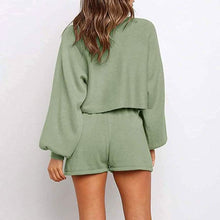 将图片加载到图库查看器,2-Piece: Knit Outfits Puff Sleeve Crop Top Shorts Set Sweater Sweatsuit