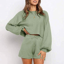 将图片加载到图库查看器,2-Piece: Knit Outfits Puff Sleeve Crop Top Shorts Set Sweater Sweatsuit