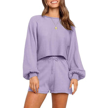 将图片加载到图库查看器,2-Piece: Knit Outfits Puff Sleeve Crop Top Shorts Set Sweater Sweatsuit