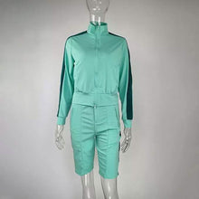Load image into Gallery viewer, 2-Piece: Lapel Neck Zipper Color Matching Long Sleeve Fleece Sport Casual Shorts