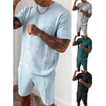 将图片加载到图库查看器,2-Piece Set: Crew Neck Striped Athleisure Short Sleeve