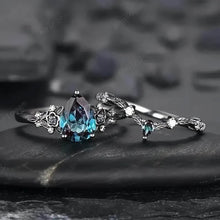 Load image into Gallery viewer, 2-Piece Set: Gothic Black & Golden Engagement Ring Set with Pear-Shaped Cubic Zirconia