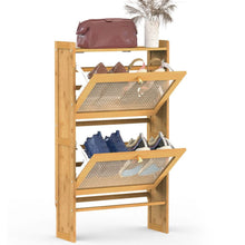 Load image into Gallery viewer, 2-Tier Shoe Cabinet with 2 Flip Drawers Slim Bamboo Rack Narrow Shoe Organizer
