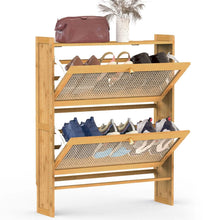 Load image into Gallery viewer, 2-Tier Shoe Cabinet with 2 Flip Drawers Slim Bamboo Rack Narrow Shoe Organizer