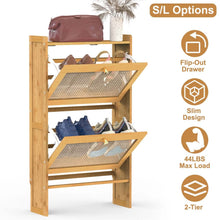 Load image into Gallery viewer, 2-Tier Shoe Cabinet with 2 Flip Drawers Slim Bamboo Rack Narrow Shoe Organizer