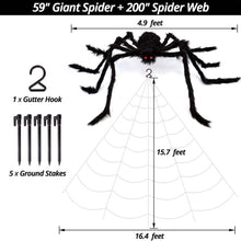 Load image into Gallery viewer, 200" Halloween Spider Web and 59" Giant Spider Decoration
