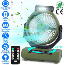 Load image into Gallery viewer, 20000mAh Rechargeable Oscillating Camping Fan with Flashlight Hanging Hook Remote Control