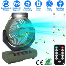 Load image into Gallery viewer, 20000mAh Rechargeable Oscillating Camping Fan with Flashlight Hanging Hook Remote Control