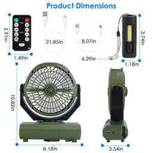 Load image into Gallery viewer, 20000mAh Rechargeable Oscillating Camping Fan with Flashlight Hanging Hook Remote Control