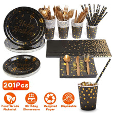 Load image into Gallery viewer, 201 Pieces: Black Gold Disposable Dinnerware Set