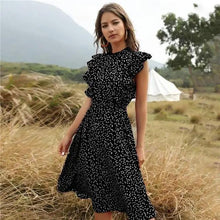 将图片加载到图库查看器,New Summer Dot Print Dress Women Casual Butterfly Sleeve Ruffles Medium Long Chiffon Dress - Summer Fashion Dresses