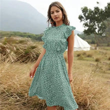 将图片加载到图库查看器,New Summer Dot Print Dress Women Casual Butterfly Sleeve Ruffles Medium Long Chiffon Dress - Summer Fashion Dresses