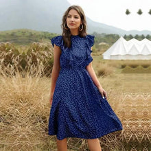 将图片加载到图库查看器,New Summer Dot Print Dress Women Casual Butterfly Sleeve Ruffles Medium Long Chiffon Dress - Summer Fashion Dresses