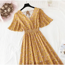 Load image into Gallery viewer, Summer Women Ruffled Short-sleeved Chiffon Dress V-neck High Waist Floral Print Beach Midi Dresses For Women