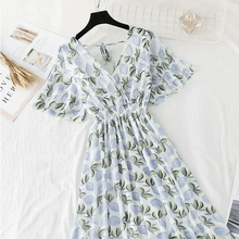 Load image into Gallery viewer, Summer Women Ruffled Short-sleeved Chiffon Dress V-neck High Waist Floral Print Beach Midi Dresses For Women