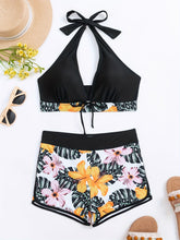 将图片加载到图库查看器,Bikini Floral Halter Neck 2 Piece Swimsuit for Women – Elegant Backless Bikini Set with Tie-Neck Bow and High Waist Shorts Bottoms – Stretchy and Comfortable Summer Swimwear for Beach Pool and Vacation
