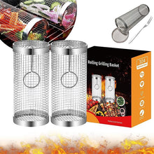 将图片加载到图库查看器,20cm/30cm BBQ Basket Stainless Cylindrical Rolling Grilling Baskets Portable Barbecue Rack For Grill For Fish Shrimp Meat Fries BBQ Grill Basket Rolling Grilling Basket Stainless Steel Grill Mesh Barbeque Grill Accessories