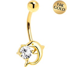 Load image into Gallery viewer, 16G Solid 14k Yellow Gold Dolphin Clear Cubic Zirconia Belly Ring
