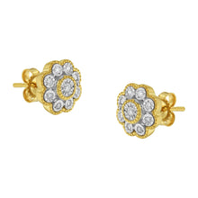 将图片加载到图库查看器,14K Yellow Gold Plated .925 Sterling Silver 1/6 Cttw Miracle-Plate Set Diamond Floral Stud Earrings (I-J Color, I2-I3 Clarity)