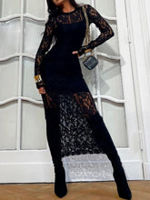 Load image into Gallery viewer, Black Lace Round Neck Long Sleeve Midi Dress Timeless & Elegant Design Women Dress