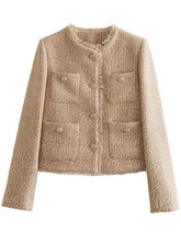 Load image into Gallery viewer, Luxury Camel Raw Hem Pocketed Round Neck Jacket Edgy & Casual Lightweight Outerwear
