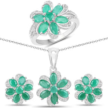 Load image into Gallery viewer, 7.84 Carat Genuine Emerald and White Topaz .925 Sterling Silver 3 Piece Jewelry Set (Ring, Earrings, and Pendant w/ Chain)