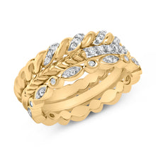 Load image into Gallery viewer, 14K Yellow Gold Plated Sterling Silver 1/4 Cttw Diamond Twist Leaf Stackable Ring Set