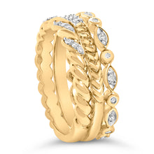 Load image into Gallery viewer, 14K Yellow Gold Plated Sterling Silver 1/4 Cttw Diamond Twist Leaf Stackable Ring Set
