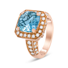 将图片加载到图库查看器,18K Rose Gold 10x10mm Cushion Shaped Aquamarine and 1 1/8 Cttw Round Diamond Halo Ring (F-G Color, VS1-VS2 Clarity) - Ring Size 6.5