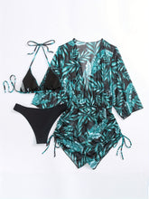 Load image into Gallery viewer, Island Bloom 3-Piece Bikini Set for Women – Tropical Leaf Print Fluttering Swimwear with Flattering Halter Neck Top High Waist Bottoms & Adjustable Drawstring Cover Up – Perfect for Koningsdag Celebrations & Summer Adventures
