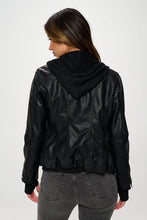 Load image into Gallery viewer, Black Double Zip Hooded Long Sleeve Jacket Modern & Functional Vegan Leather Outerwear