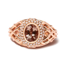 Load image into Gallery viewer, 14K Rose Gold Oval Cut Light Pink Morganite and 3/8 Cttw Diamonds Halo and Basket Weave Cocktail Ring (G-H Color, SI1-SI2 Clarity) - Size 7