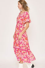 将图片加载到图库查看器,New Summer Floral Notched Puff Sleeve Midi Dress For Women – Fluttering, Elegant Floral Print Midi Dress with Trendy Notched Neckline and Puff Sleeves