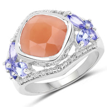 Load image into Gallery viewer, 4.67 Carat Genuine Peach Moonstone and Tanzanite .925 Sterling Silver Ring