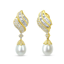 Load image into Gallery viewer, 18k Yellow Gold 7.0 Cttw Baguette and Round Diamond South Sea Pearl Drop Dangle Clip-On Earrings (F-G Color, VS1-VS2 Clarity)