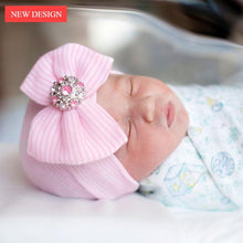 将图片加载到图库查看器,Modern Luxury Baby Girl Cotton Knit Striped Baby Caps With Big Bow For Baby Girls In Elegant Style