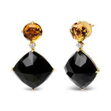 将图片加载到图库查看器,18K Yellow Gold 1/5 Cttw Diamond with Round Yellow Citrine and Cushion Cut Black Onyx Gemstone Dangle Earring (G-H Color, SI1-SI2 Clarity)