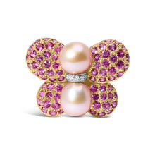 将图片加载到图库查看器,18K Yellow and White Gold 9MM South Sea Pearl and Pink Sapphire Butterfly Pin Brooch with Diamond Accent (F-G Color, VS1-VS2 Clarity)