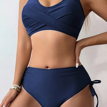 Load image into Gallery viewer, Bikini Twist Front V Neck High Waist 2 Piece Bikini Set for Women – Stretchy Tie Back Swimsuit with Drawstring Lace Up and Comfortable Fit – Trendy Solid Color Swimwear for Beach Days Pool Parties and Summer Vacations