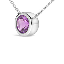 将图片加载到图库查看器,.925 Sterling Silver 7MM Bezel Set Created Purple Amethyst Pendant Necklace - 18" Inches