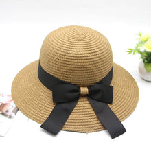 Load image into Gallery viewer, Summer Cap Black Ribbon Decorate Wavy Straw Hat For Girls Hat Kids Sun Cap Baby Beach Hats for Girls