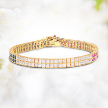 将图片加载到图库查看器,14K Yellow Gold Plated 9.52 Carat Genuine Blue Sapphire and White Sapphire .925 Sterling Silver Bracelet