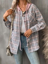 将图片加载到图库查看器,Plaid Buttoned Long Sleeve Hooded Jacket for Women – Cozy & Stylish Cotton-Blend Outerwear