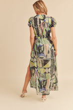 将图片加载到图库查看器,Lace Detail Slit Geometric Print Short Sleeve Maxi Comfortable Dress For Women, Elegant Lace, Alluring Slit, Sophisticated Geometric Print for Casual & Dressy Occasions