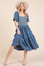 将图片加载到图库查看器,New Floral Embroidered Smocked Puff Sleeve Tiered Midi Dress For Women – Elegant, Romantic, Feminine, and Stylish Midi Dress with Floral Embroidery