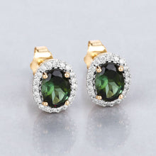 Load image into Gallery viewer, 1.92 Carat Genuine Green Tourmaline and White Diamond 14K Yellow Gold Earrings