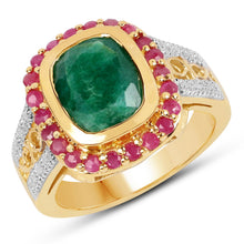 Load image into Gallery viewer, 14K Yellow Gold Plated 4.80 ct. t.w. Dyed Emerald and Ruby Ring in Sterling Silver