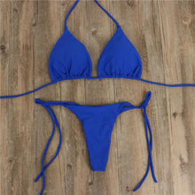 将图片加载到图库查看器,2pcs Bikini Set Padded Bra Women Push-Up Solid Swimwear Bandage Bathing Suit Swimsuit Swimming Suit Knotted String Triangle Bikini Tie Side High Cut Cheeky Bikini Set